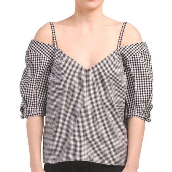 Derek Lam 10 Crosby Black and White Gingham Top, Size 8, Cold Shoulder, V Neck - Picture 1 of 10